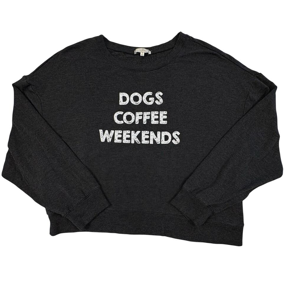 Z Supply Dogs Coffee Weekends Sweatshirt Women's M Gray Whimsical Lightweight